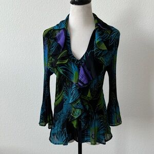 Vintage Exotic Patterned Pleated Ruffle Top
